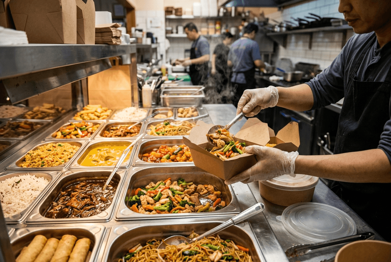 A vibrant takeaway food shop with a counter display of appetizing dishes and customers ordering
