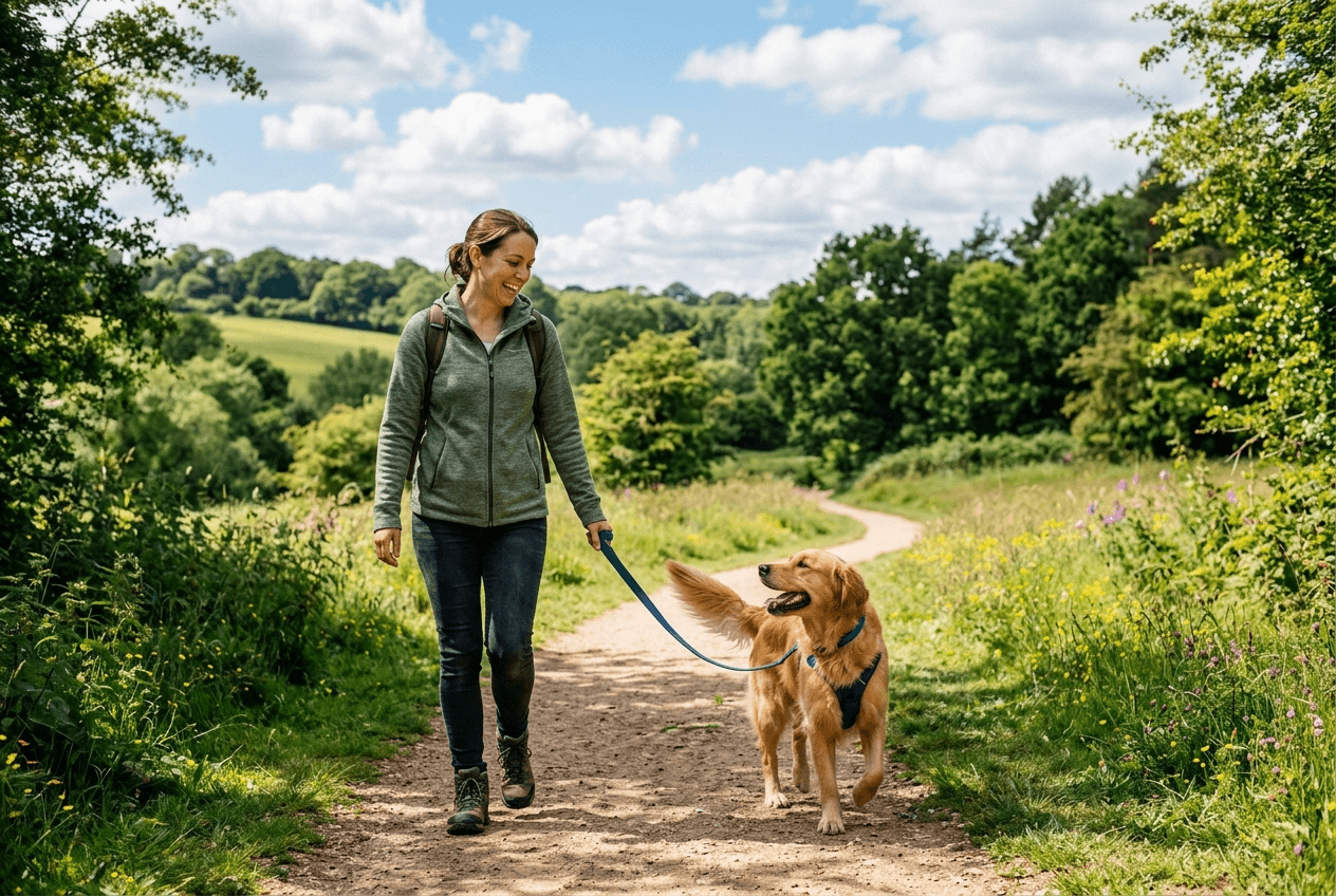 A person and dog walking together on a countryside trail through green woodland and open fields